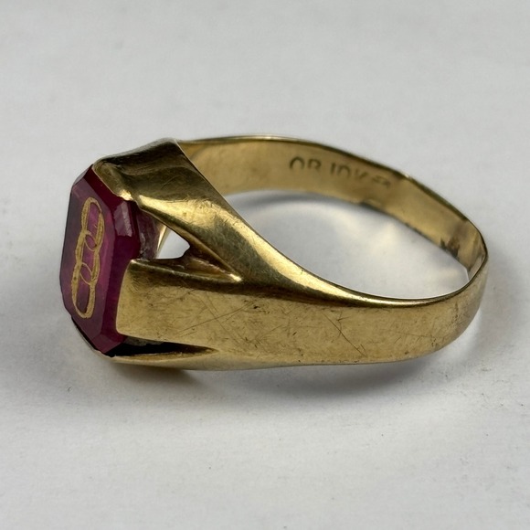 Antique Ostby Barton 10K Gold IOOF Odd Fellows Ring Synthetic Ruby Titanic Era - Picture 2 of 9